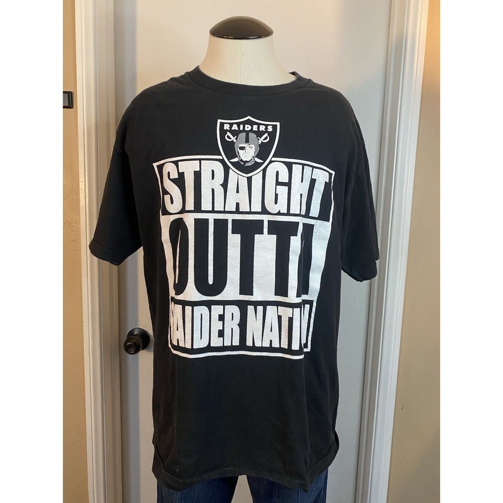 Straight Outta Raiders Nation It's A Football Life Black T Shirt L double sided‎